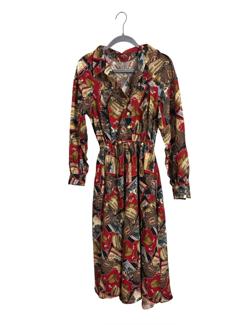 Vintage Handmade Equestrian Horse Print Red Midi Dress